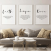 Faith Hope Love Bible Verse Wall Art Set of 3 Prints, Digital download, Downloadable, Scripture Quote Hebrews 11, Jeremiah 29, John 3 16, Living Room Christian Decor